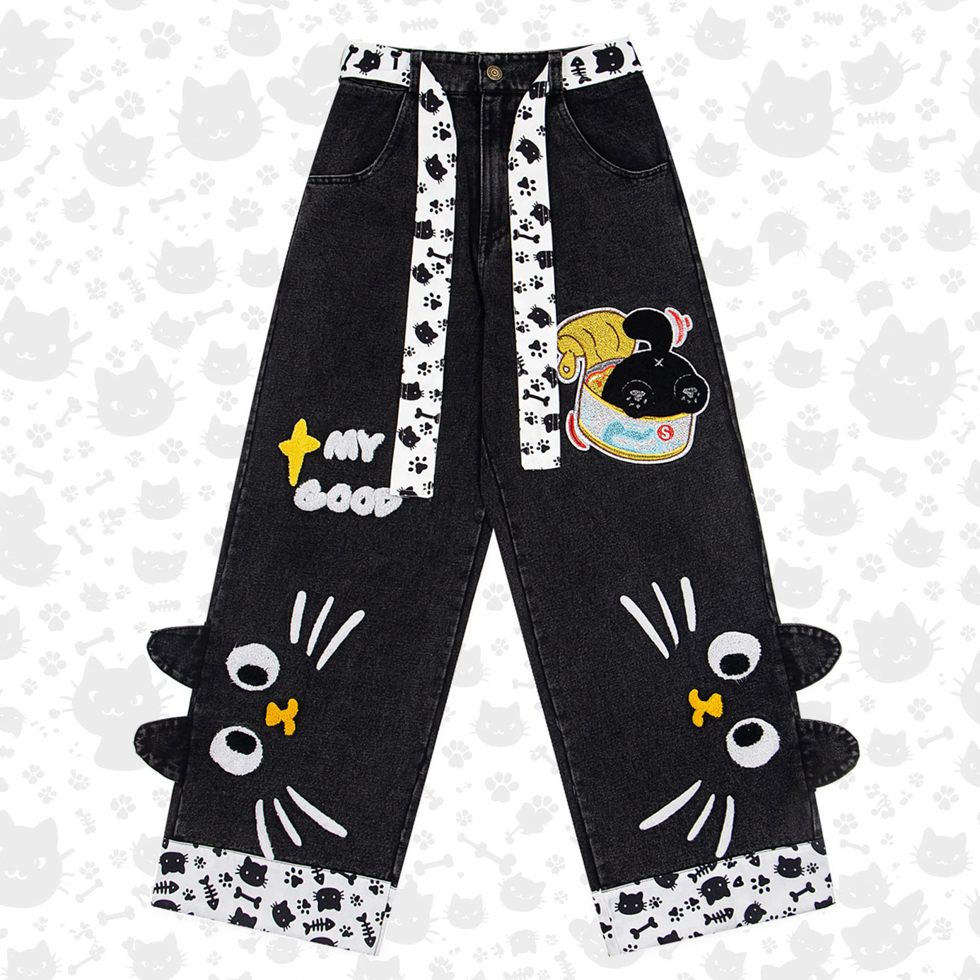 Vintage Cat Embroidery Casual Long Pants - Black - XL - image 1
