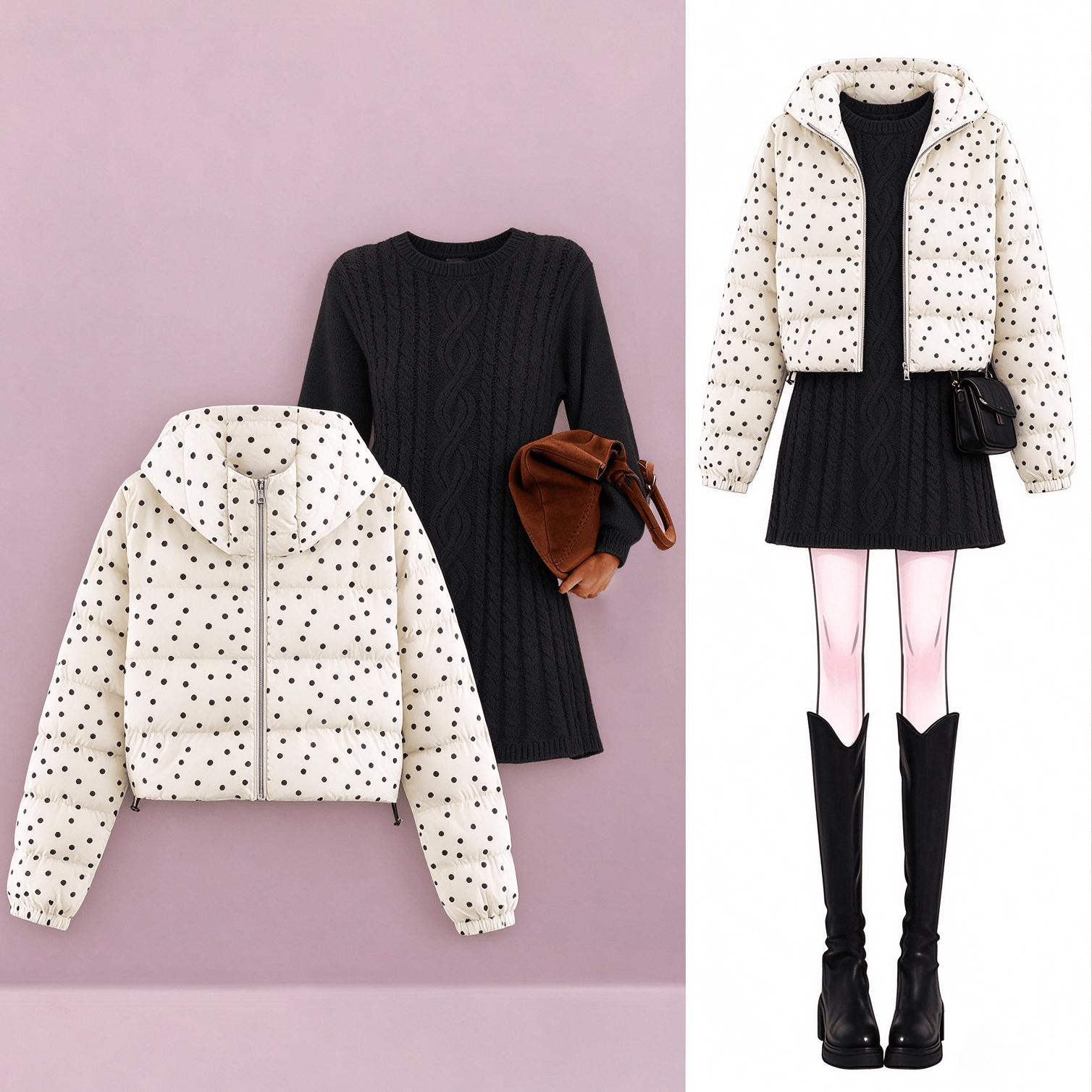 Polka Dot Puffer Jacket and Cable Knit Dress Two Pieces Set - image 1