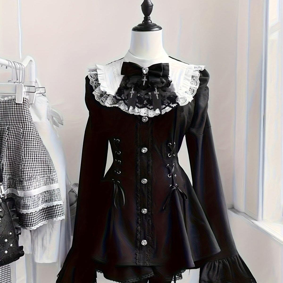 Dark Gothic Bow Lace Lolita Dress - Black & White - XL - image 3