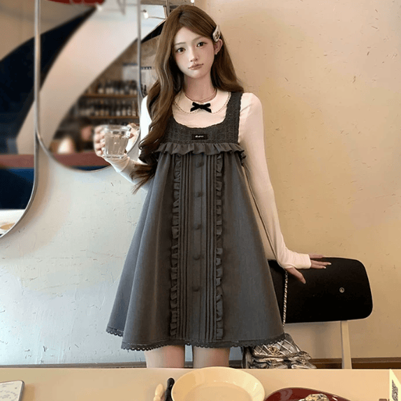 Doll Collar Long Sleeve and Ruffle Dress Two Pieces Set - image 2