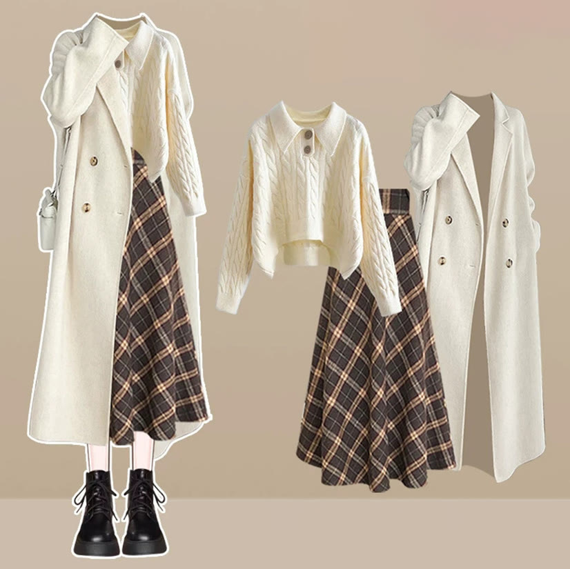 Maillard Knit Sweater and Plaid Skirt and Coat Three Pieces Set - Set - XL - image 1