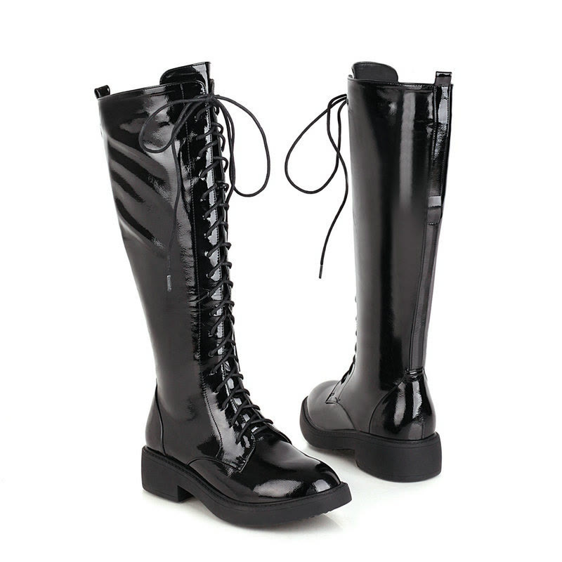 Thick Platform Block Heel Tall Riding Boots - Black Patent Leather - 43 - image 2