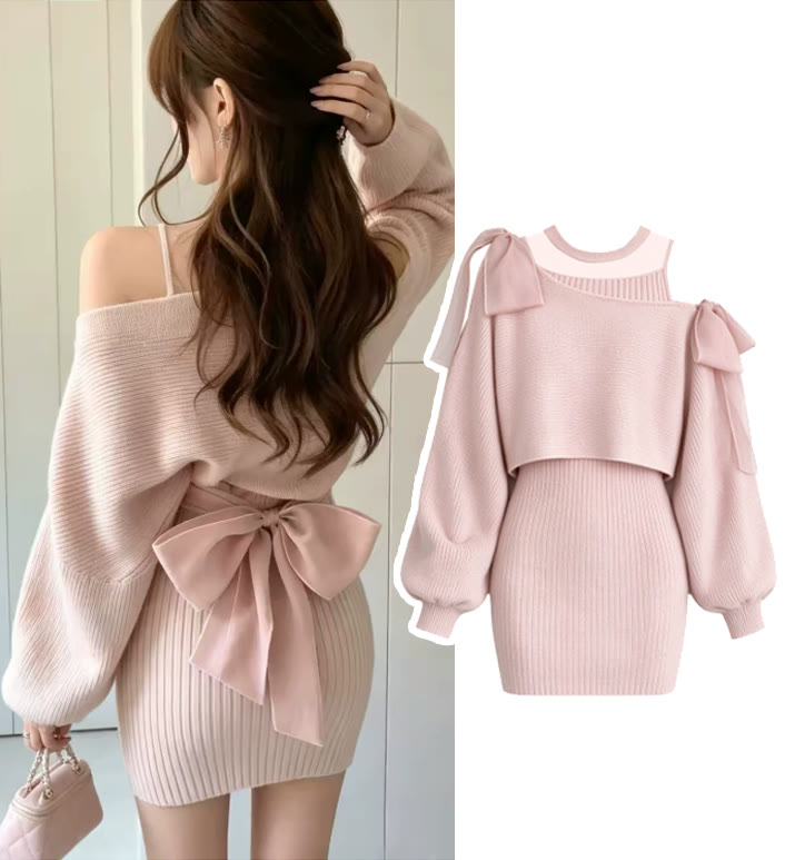 Sweet Bow Knit Cover-up and Dress Two Pieces Set - Set - One Size - image 1