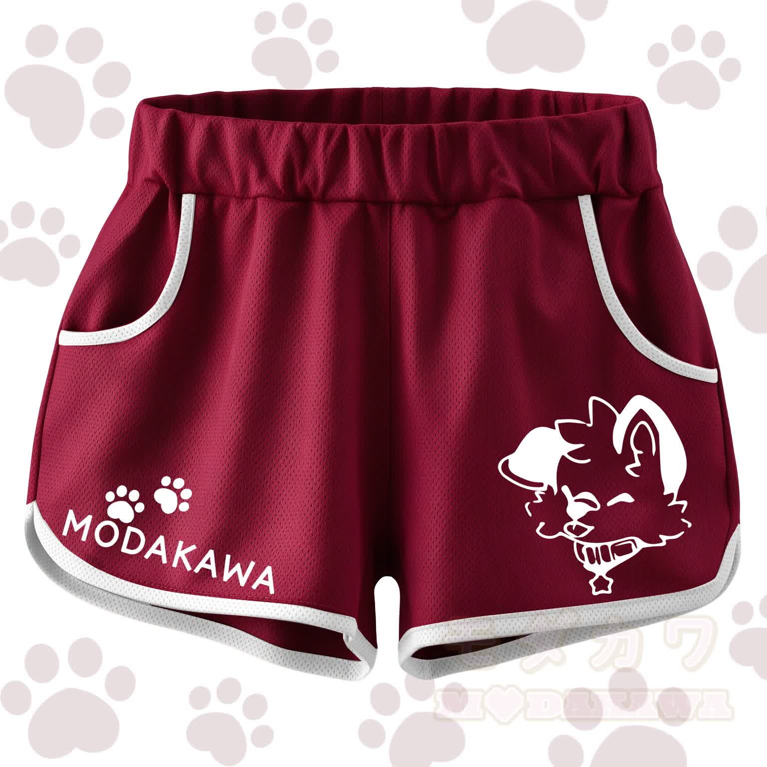 MODAKAWA X Popipeko Wine Red Cartoon Print Color Block Shorts - Burgundy and White - 4XL - image 1
