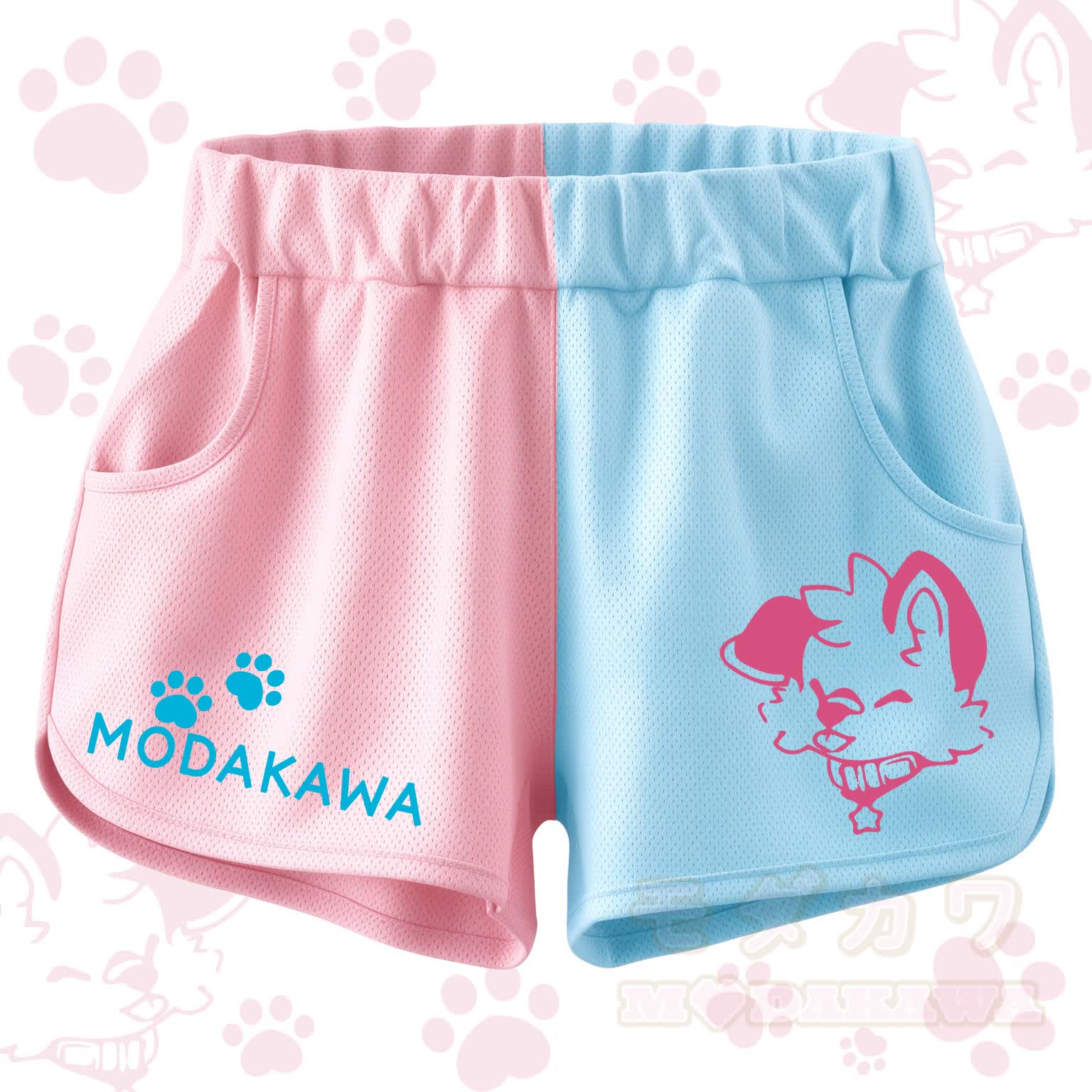 MODAKAWA X Popipeko Pink and Blue Color Block Cartoon Print Shorts - Blue and PInk - 4XL - image 1