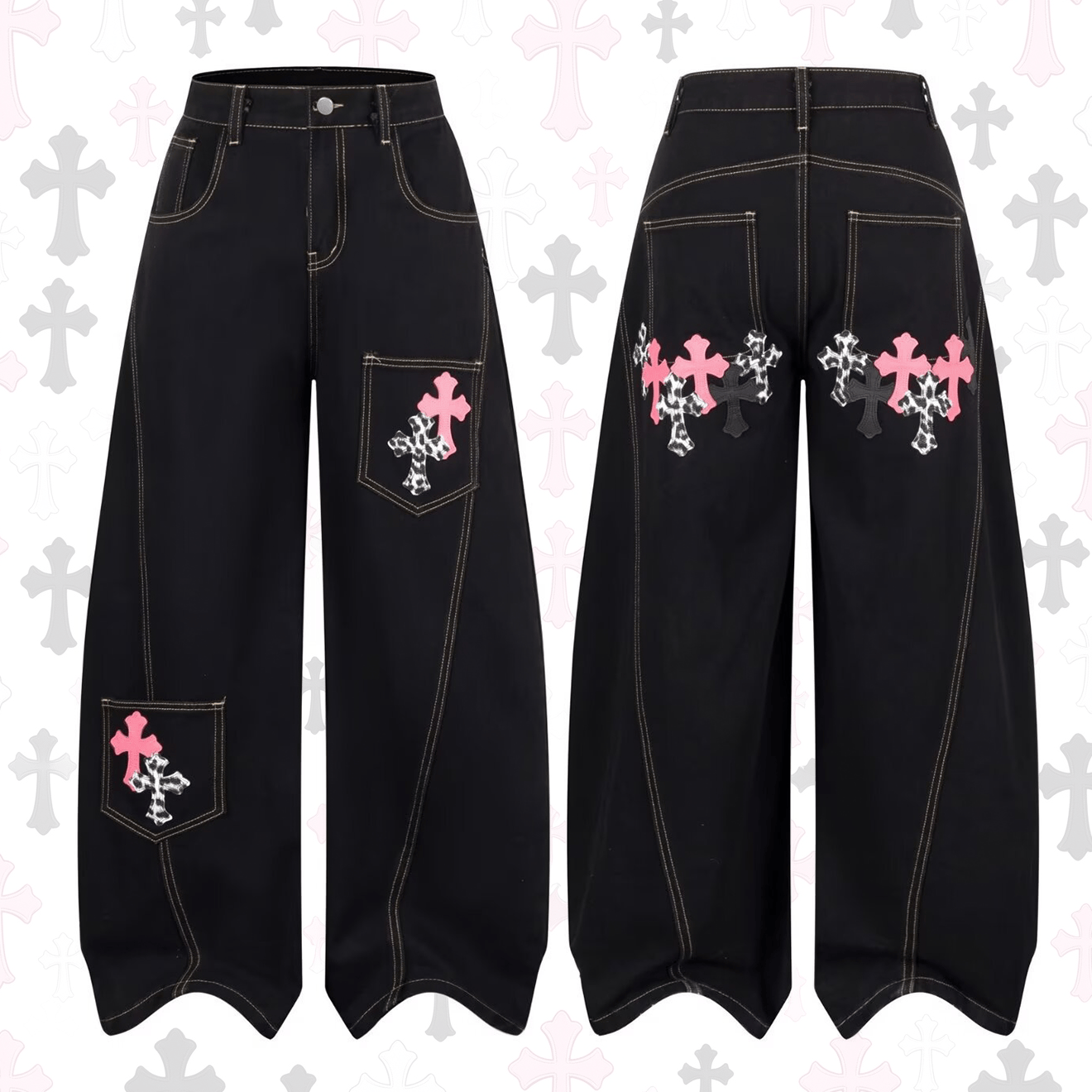 Vintage Cross Patch Wide Leg Denim Jeans - Black - 3XL - image 1