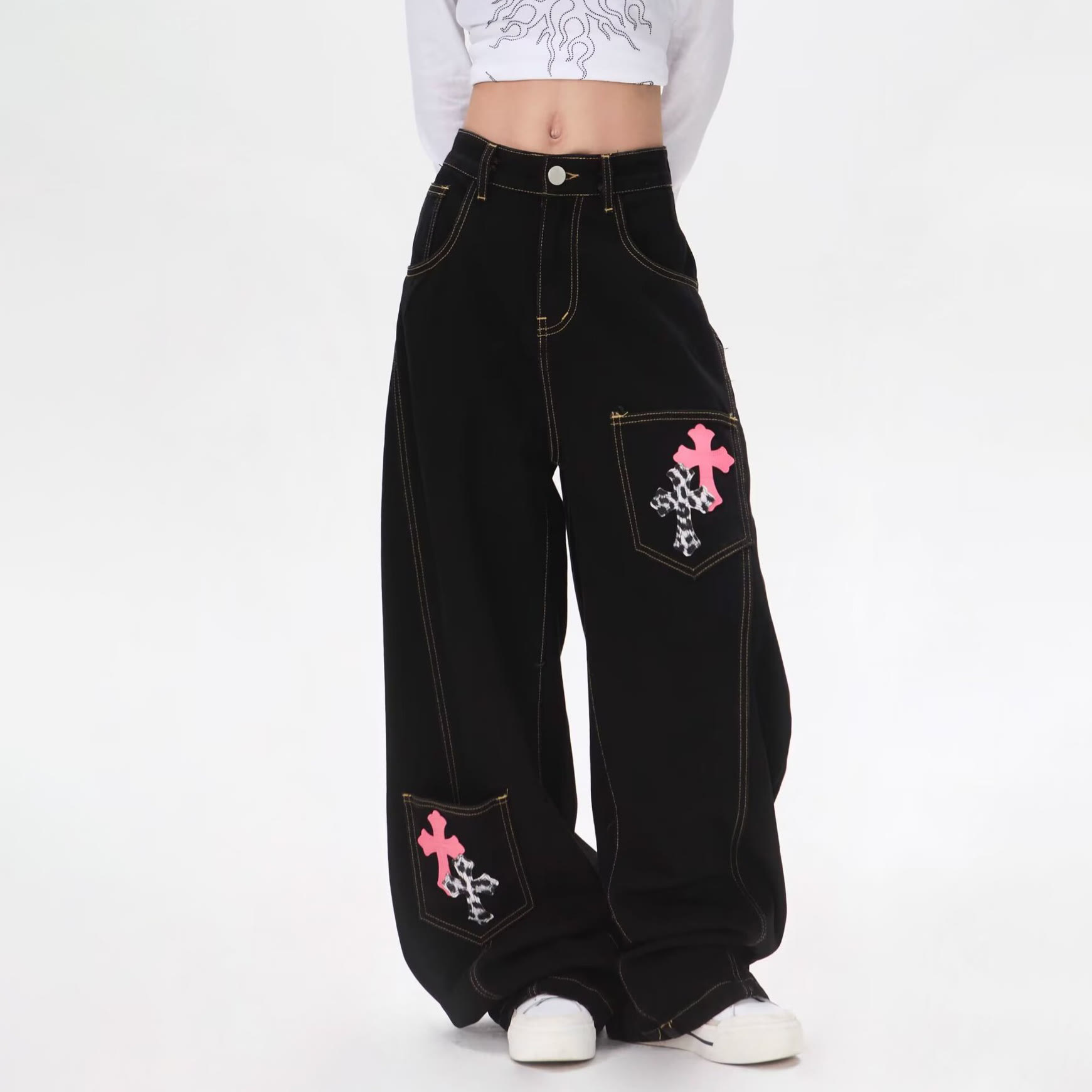 Vintage Cross Patch Wide Leg Denim Jeans - image 2