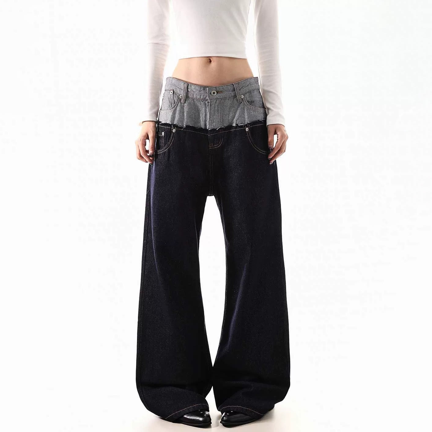 Vintage Double Waistband Color Block Jeans - image 2
