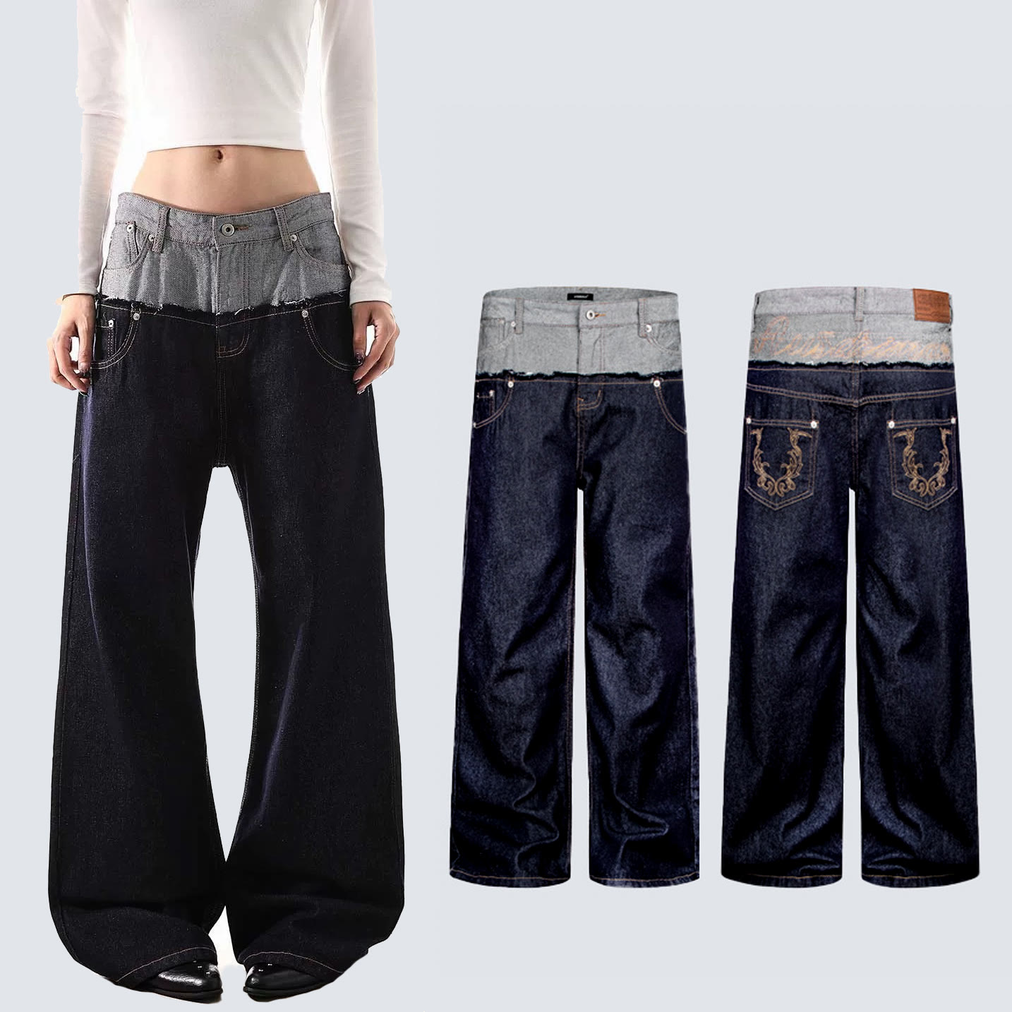 Vintage Double Waistband Color Block Jeans - Black - 3XL - image 1