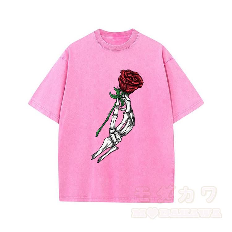 Skull Hand Rose Graphic Modakawa Vintage Washed 100% Cotton T-shirt - Rose Red - 5XL - image 3