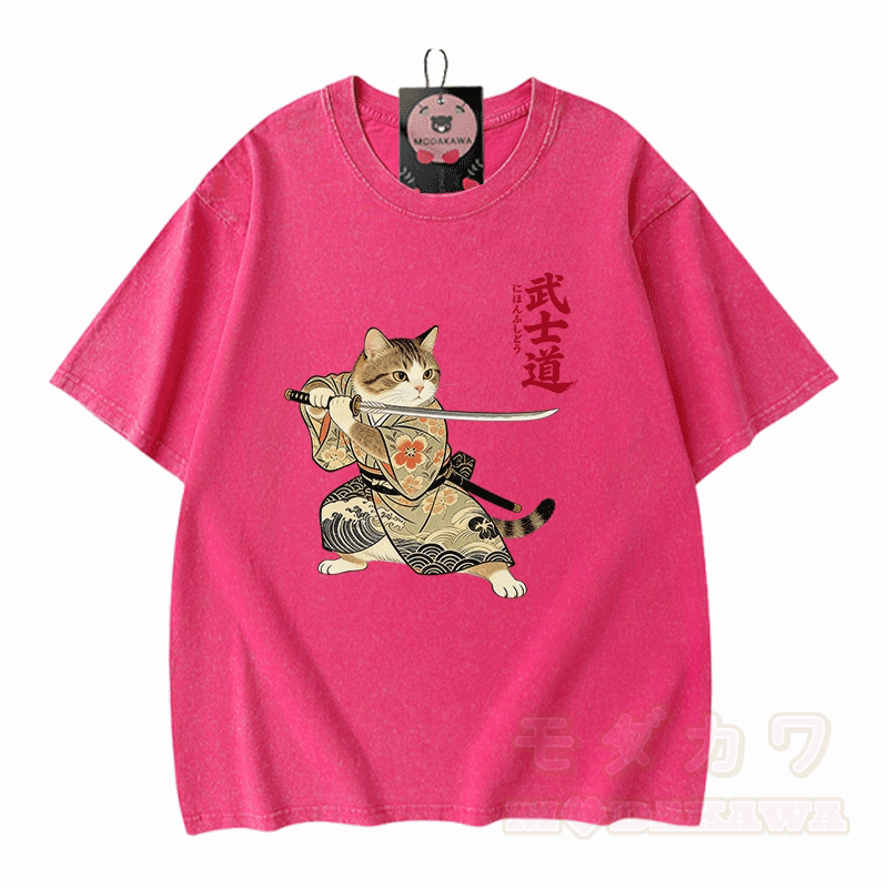 Samurai Cat Graphic Modakawa Vintage Washed 100% Cotton T-shirt - Rose Red - 5XL - image 5