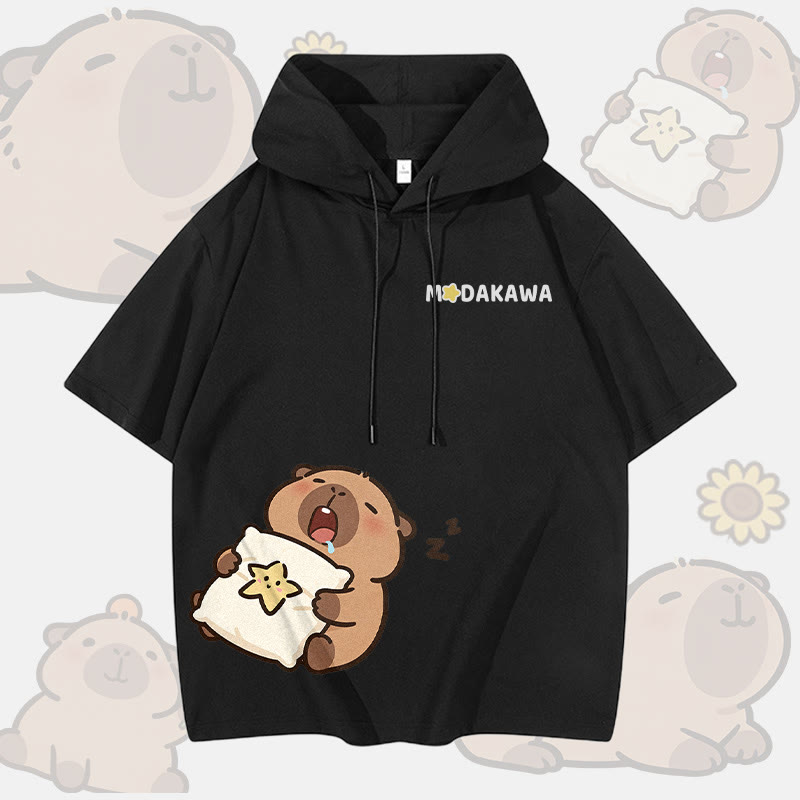 Sleepy Capybara Graphic Modakawa Short Sleeve Hoodie - Black - 3XL - image 3