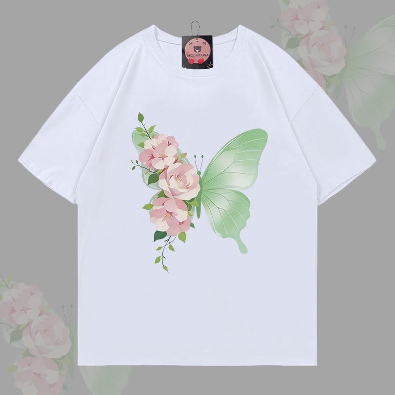 MODAKAWA Flower Butterfly Graphic T-shirt - White - 5XL - image 4