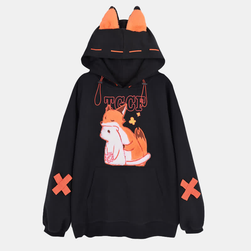 Fox Embroidery Pocket Plush Loose Hoodie - Black - 2XL - image 1