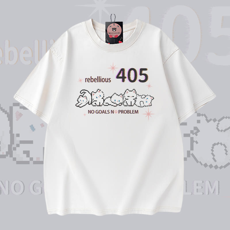 REBELLIOUS 405 Cat Graphic Modakawa Vintage Washed 100% Cotton T-shirt - White - 5XL - image 2