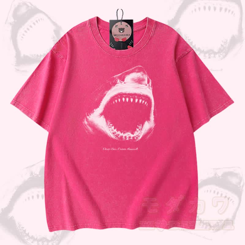 Shark Mouth Graphic Modakawa Vintage Washed 100% Cotton T-shirt - Rose Red - 5XL - image 4