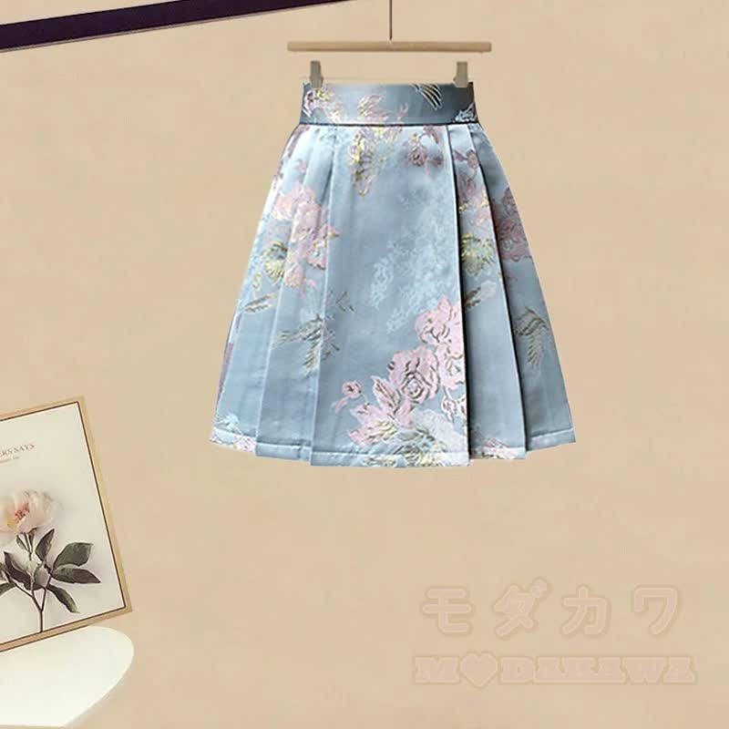 Vintage Buckle Flower Top Skirt Matching Outfit - Blue Skirt (Single) - 3XL - image 4