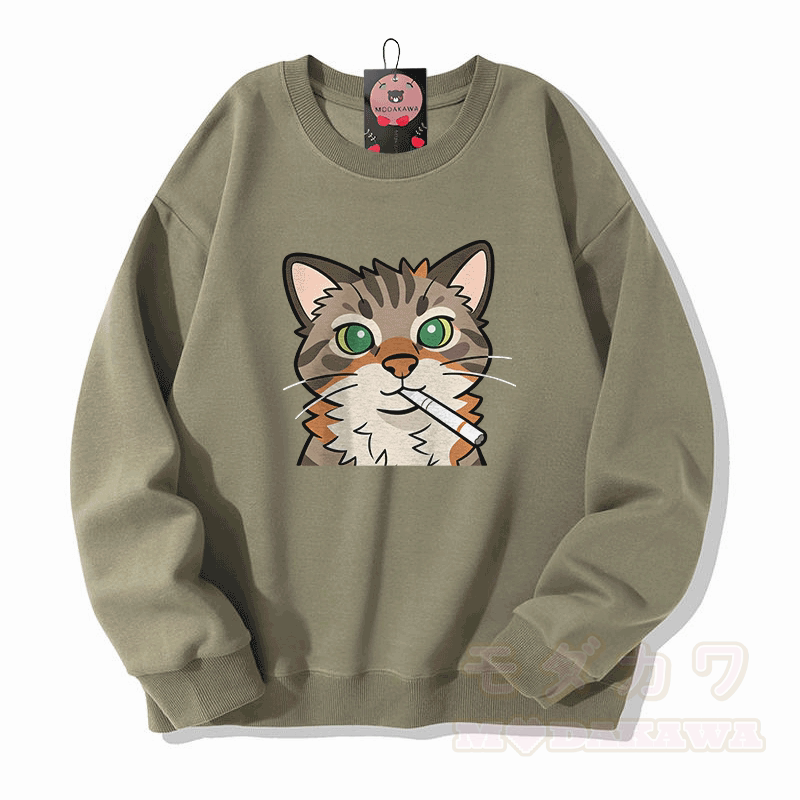 Smoking Cat Graphic Modakawa Unisex Sweatshirt - Light Khaki - 5XL - image 4