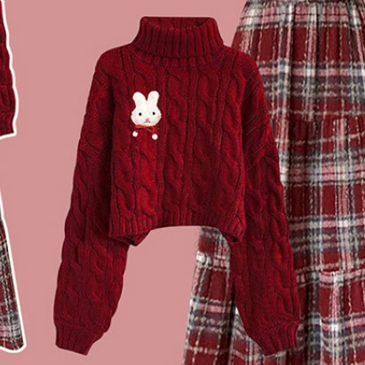 Maillard Knit Sweater and Plaid Skirt Two Pieces Set - Red Sweater - XL - image 9