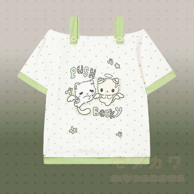 Polka Dot Cat Graphic Top Kitty Gingham Shorts Modakawa Matching Outfit - Green Top - L - image 4