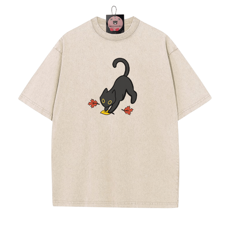Black Cat Pouncing on Leaf Halloween Graphic Unisex Vintage Washed T-Shirt - Apricot - 5XL - image 4