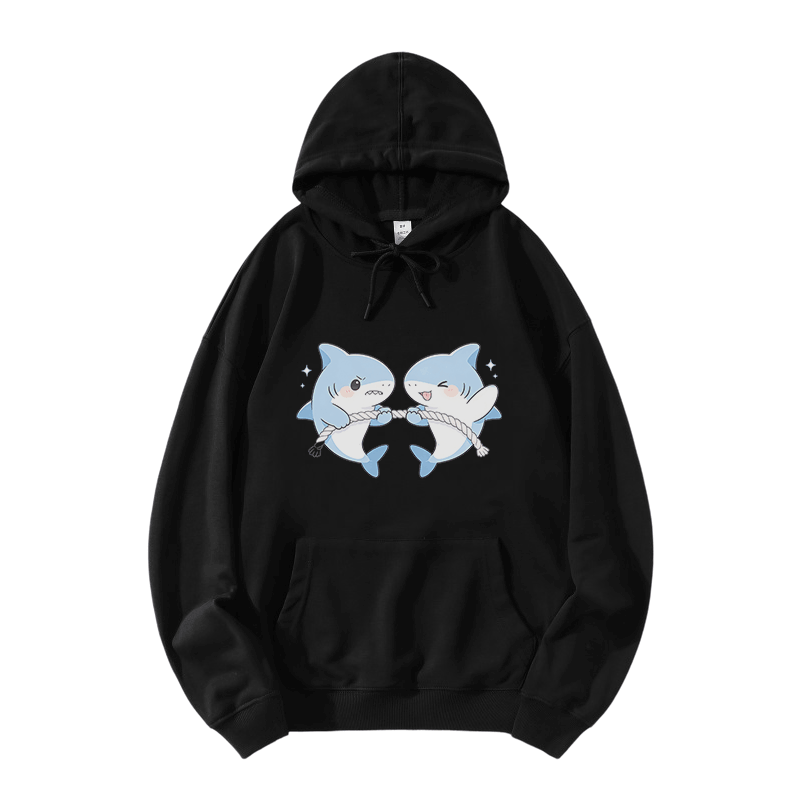 Cute Shark Game Graphic Modakawa Loose Cotton-Blend Hoodie - Black - 5XL - image 3