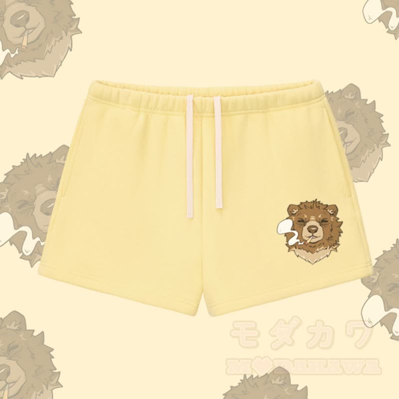 MODAKAWA Smoking Bear Graphic Thick Fleece Lined Shorts - Yellow - L - image 5