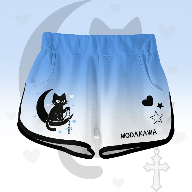 Gradient Black Cat Moon Graphic Modakawa Shorts - Blue B - 5XL - image 7