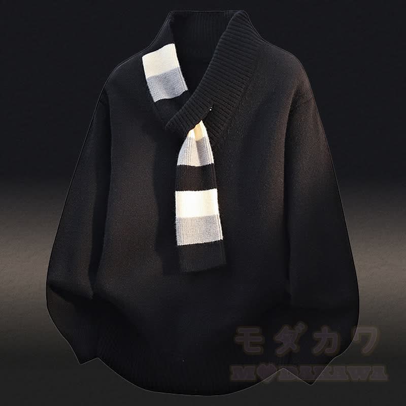 V-Neck Stripe Knit Sweater Color Block Fleece Lined Pants Two Pieces - Black Sweater - 4XL - image 4