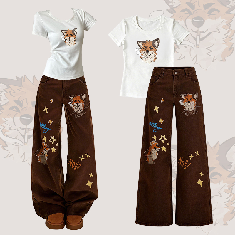 MODAKAWA X atka NO Smoking Fox Graphic T-shirt Denim Pants Matching Outfit - Set C - XL - image 3