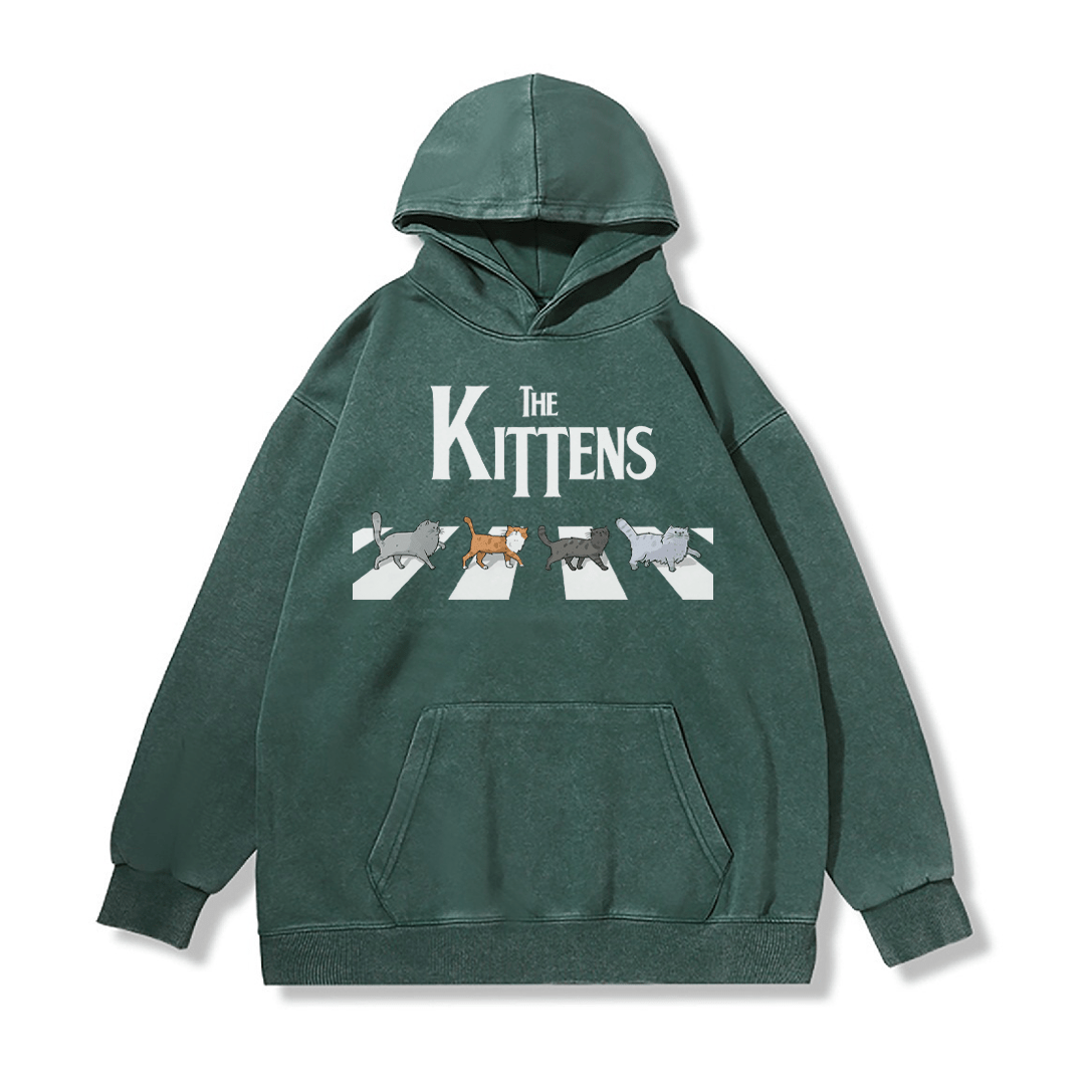 THE KITTENS Unisex Vintage Washed Hoodie Abbey Road Cat Graphic Pullover - Green - 2XL - image 4
