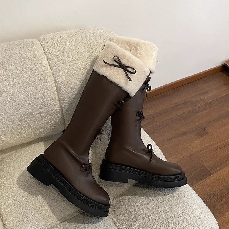 Bow Detail Faux Fur Collar Platform Tall Boots - image 10