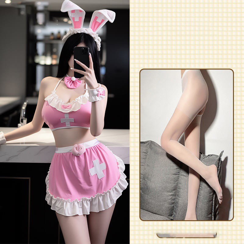 Pink Sexy Bunny Costume Lingerie - Headband+Chocker+Bracelet+Lingerie+THong+White Crotchless Stockings - One Size - image 6