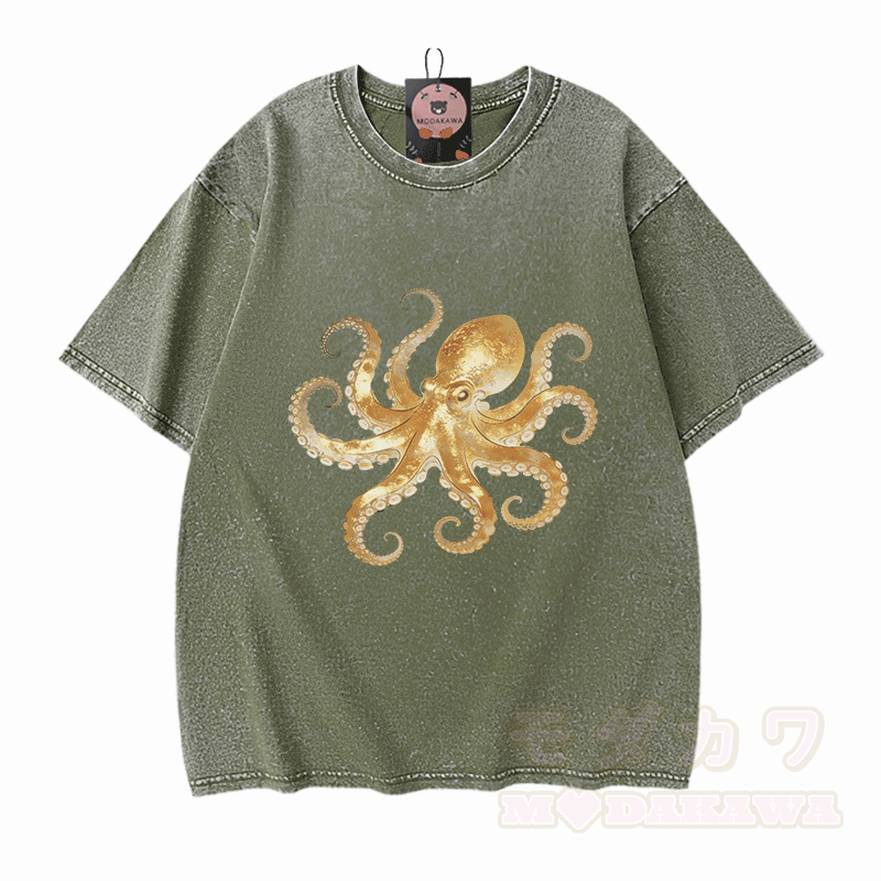 Octopus Graphic Modakawa Vintage Washed 100% Cotton T-shirt - Green - 5XL - image 8