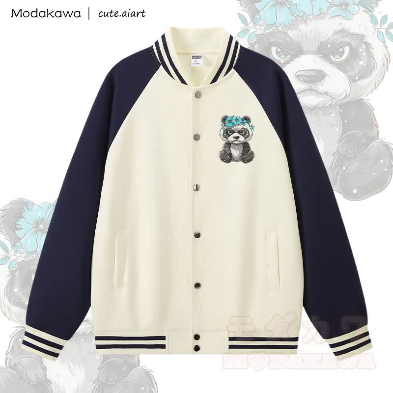 MODAKAWA X cute.aiart Panda Graphic Color Block Baseball Jacket - Purplish Blue & Apricot - 5XL - image 3