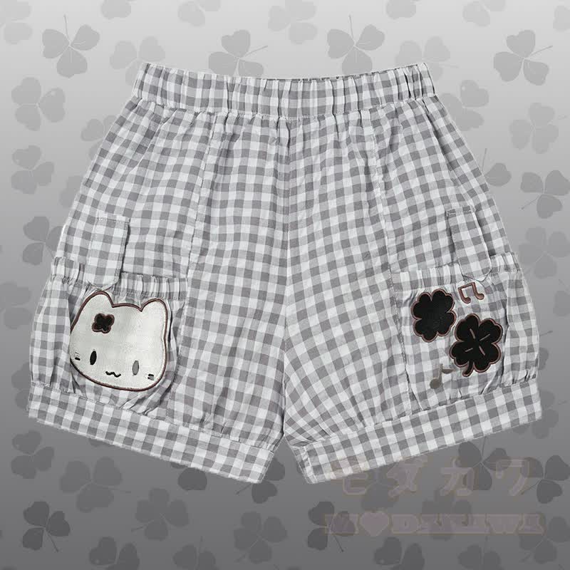 Polka Dot Cat Graphic Top Kitty Gingham Shorts Modakawa Matching Outfit - Grey Shorts - L - image 9