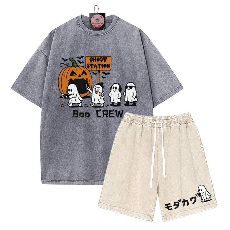 BOO CREW Ghost Station Halloween Graphic T-shirt Vintage Washed Shorts Two Pieces Set - Grey&Apricot - 3XL - image 13