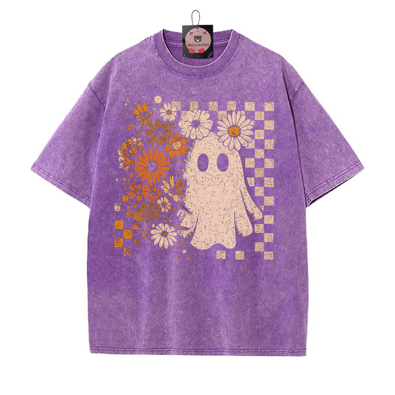 Floral Boo Cute Ghost Halloween Graphic Graphic Unisex Vintage Washed T-Shirt - Purple - 5XL - image 5