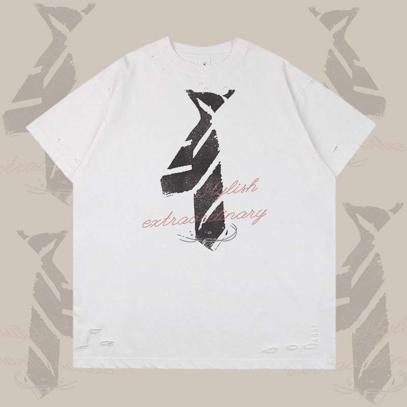 Tie Letter Graphic Modakawa Ripped T-shirt - White - 2XL - image 3