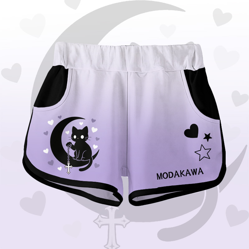 Astrology Black Cat Graphic Modakawa Shorts - Purple B - 5XL - image 6