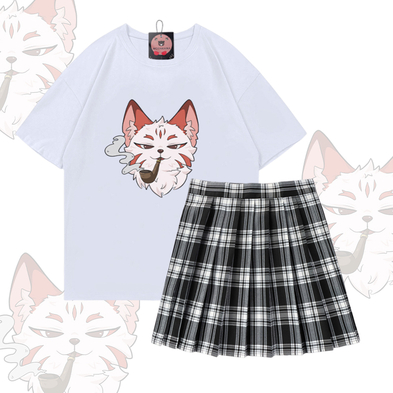 Smoking Fox Graphic 100% Cotton T-shirt Plaid Skirt Modakawa Two Pieces Set - White & Black - 5XL - image 2