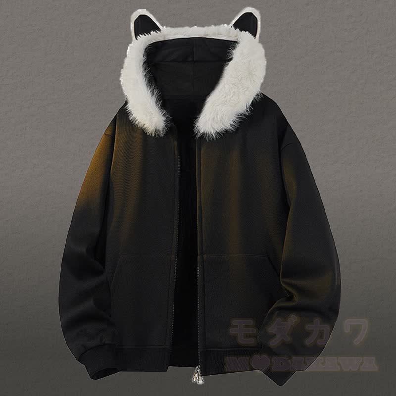 Animal Ear Fleece Lined Zip Up Hoodie Denim Pants Two Pieces - Black Hoodie - 2XL - image 5