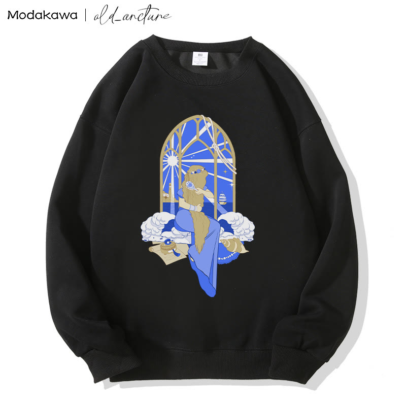 MODAKAWA X  old_arcture Blonde Girl Brushing Hair Print Round Collar Sweatshirt - Black - 5XL - image 5