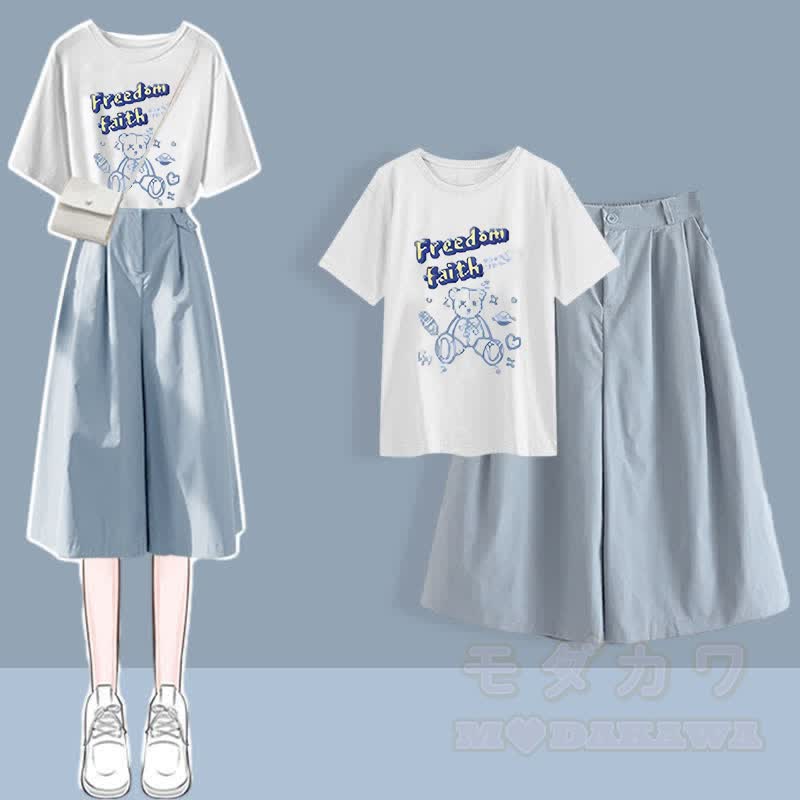Chic Round Collar Printed T-Shirt Casual Wide Leg Pants Two Pieces Set - Blue B - XL - image 3