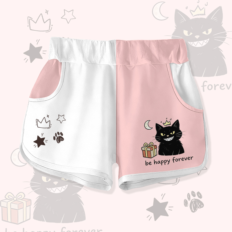 BE HAPPY FOREVER Black Cat Gift Graphic Modakawa Color Block Shorts - White & Pink - 5XL - image 4
