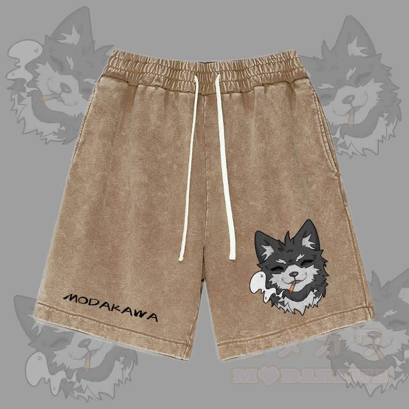 MODAKAWA Koda Smoking Graphic Vintage Washed Streetwear Shorts - Brown - 3XL - image 4