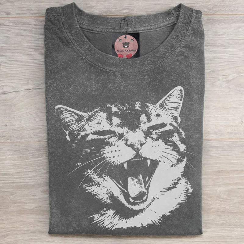 MODAKAWA Open-Mouth Cat Graphic Unisex Vintage Washed T-shirt - Grey - 5XL - image 2