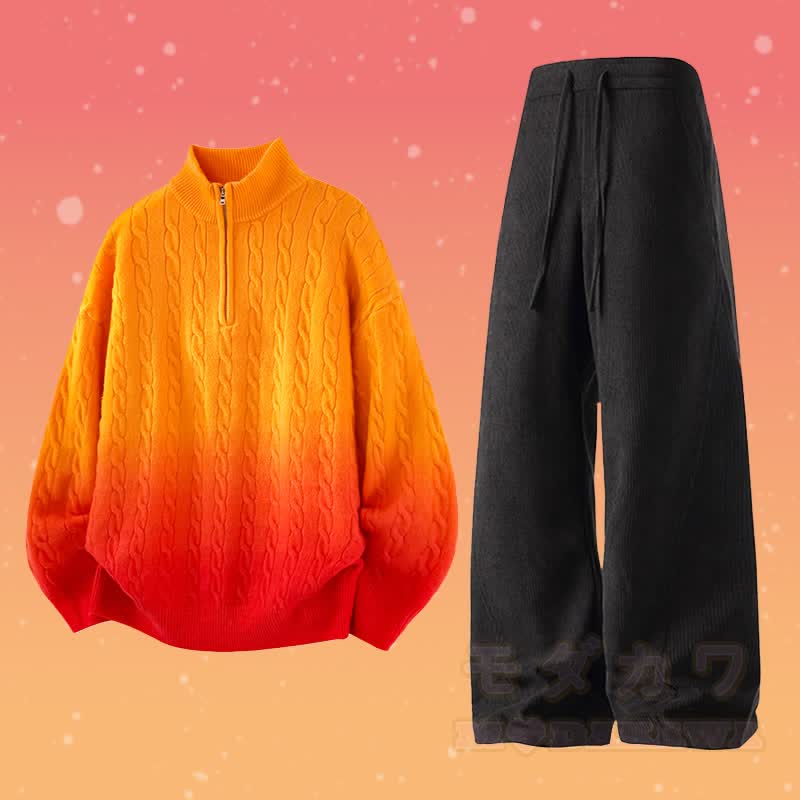 Gradient Knit Half-Zip Sweater Corduroy Pants Two Pieces - Set D - 3XL - image 4