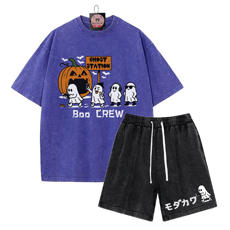 BOO CREW Ghost Station Halloween Graphic T-shirt Vintage Washed Shorts Two Pieces Set - Blue&Black - 3XL - image 14