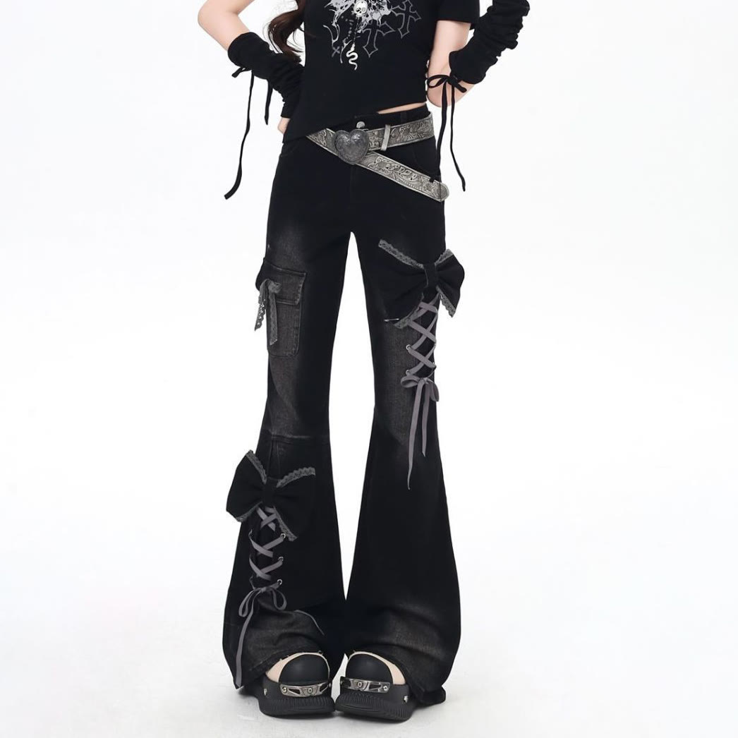 Y2K Bow Tie Strap Flared Denim Jeans - image 3